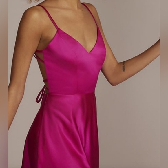 JULES AND CLEO DAVID'S BRIDAL Satin Spaghetti Strap A Line Dress Hot Pink Size 4 - Picture 14 of 15